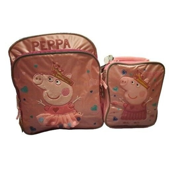 Peppa Pig 16" Backpack & Lunch Box Set Pink School Travel Book Bag VHTF